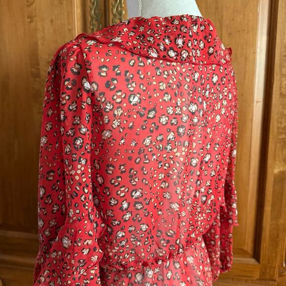 Zara RED animal print WRAP blouse V neck tie close sheer ruffle size M medium - Picture 12 of 15